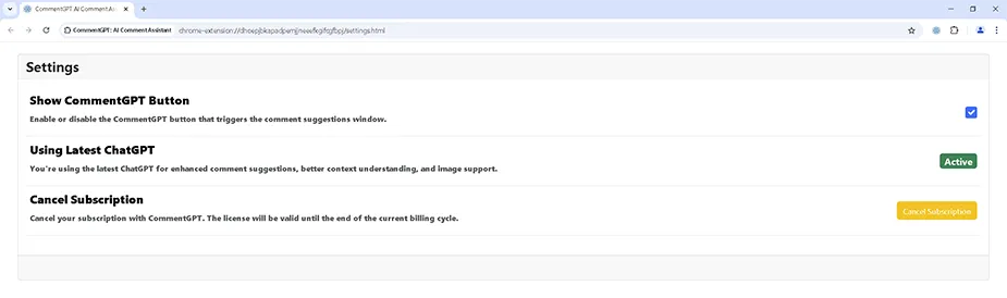 The CommentGPT settings page