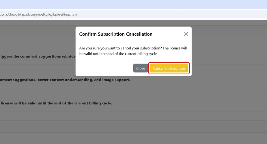 The Confirm Subscription Cancellation pop-up