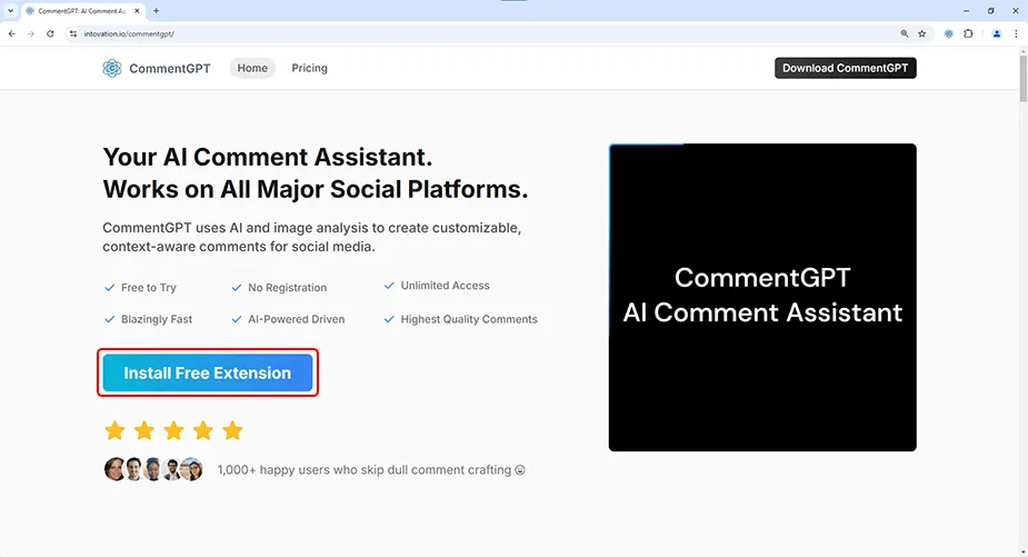 The Install Free Extension button on the CommentGPT website