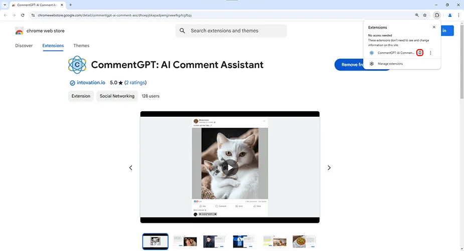 Pinning the CommentGPT extension in the browser toolbar