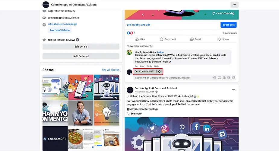 The CommentGPT button above the comment text input box