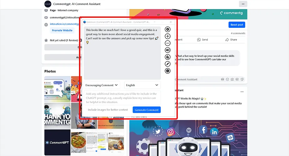 The CommentGPT popup window for generating a comment