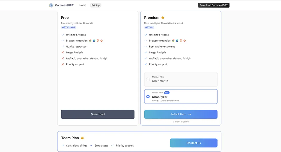 The CommentGPT pricing page