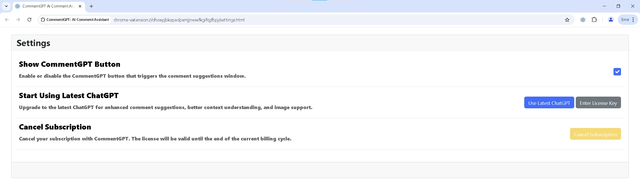 The CommentGPT settings page