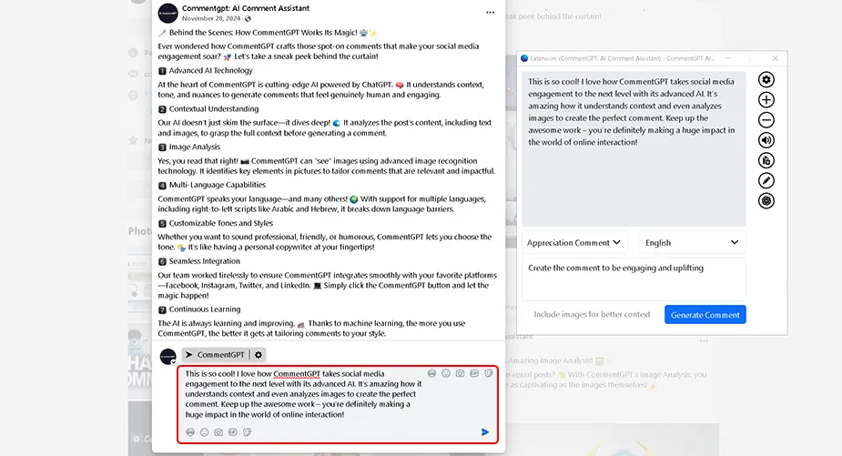 Clicking the text insert button to add the comment to the text box