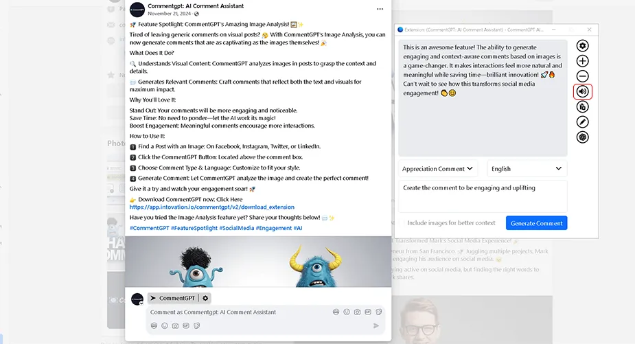 The Text-to-Speech feature on a generated comment