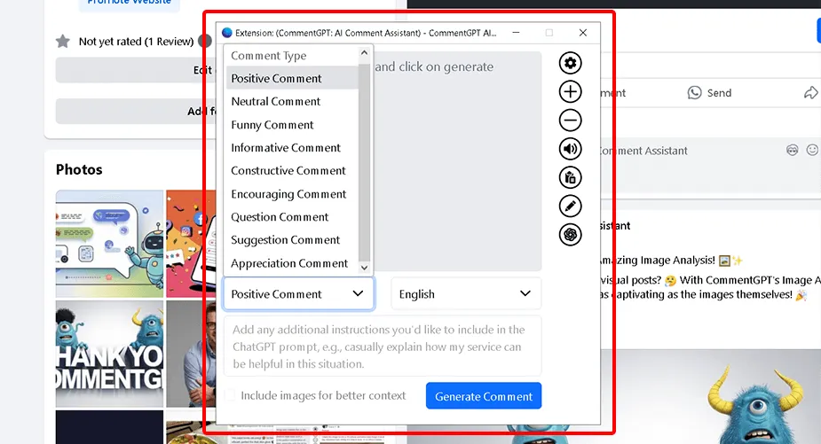The CommentGPT comment area with comment type and language options