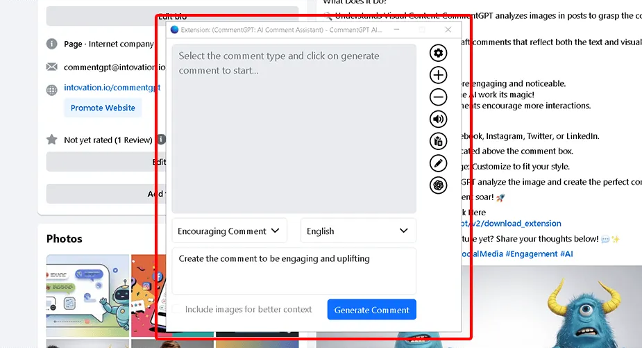 Choosing a comment type and adding custom instructions